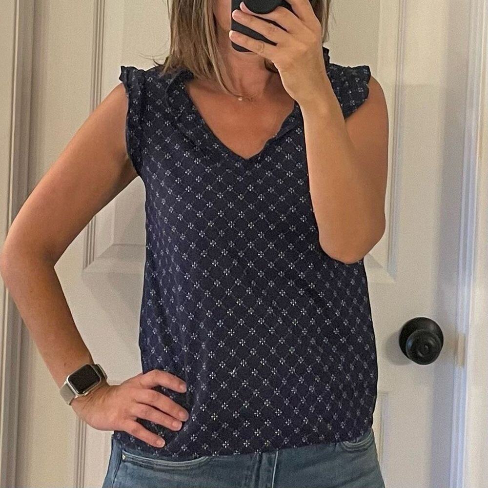Tommy Hilfiger Navy Polka Dot Ruffle Sleeveless Blouse XS